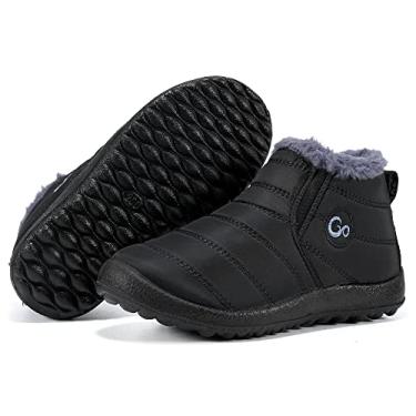 Imagem de Botas de inverno para meninos e meninas, forradas com pele, botas de neve infantis, antiderrapantes, impermeáveis no tornozelo, faixa elástica conveniente para caminhadas ao ar livre, caminhada e caminhada para crianças pequenas, Preto, 3 Little Kid