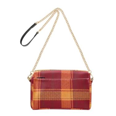 Imagem de Joitme Bolsa tiracolo feminina vermelha laranja tartã estética bolsa para celular linda bolsa de ombro de couro PU alça de corrente