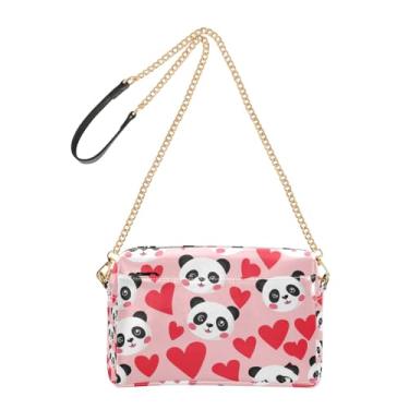 Imagem de Joitme Bolsa tiracolo feminina com corações vermelhos de panda fofa, bolsa para celular, bolsa de ombro de couro PU, alça de corrente