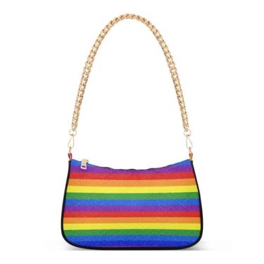 Imagem de Bolsa de ombro colorida listrada com corrente arco-íris, bolsa Hobo feminina com grande capacidade e transporte multidirecional
