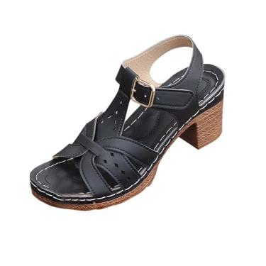 Imagem de Sandálias femininas modernas, casuais, versáteis, com fivela de boca de peixe, primavera e verão, salto grosso, Preto, 39