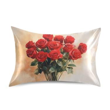 Imagem de Blueangle Fronha de cetim refrescante para cabelo e pele, fronha rosa vermelha dos namorados, tamanho Queen 51 x 76 cm com fecho de envelope (207)