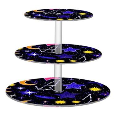 Imagem de Estrelas celestiais coloridas espaço preto 3 camadas suporte para cupcake chá festa acrílico copo bolo torre sobremesa suportes decorações de mesa para festa aniversário casamento colorido