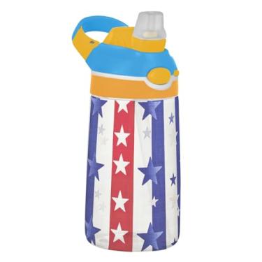 Imagem de Garrafa de água esportiva infantil de 473 ml com tampa de palha, garrafa de água portátil para escola, reutilizável de 473 ml, copo Tritan infantil, alça de transporte, estrela clássica americana