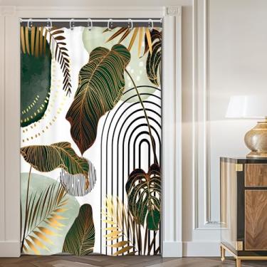 Imagem de Cinbloo Cortina de chuveiro verde Boho 48Wx72H pequena tenda RV meados do século moderno abstrato tropical monstera folha de palmeira dourada planta minimalista conjunto de cortina de banheiro simples