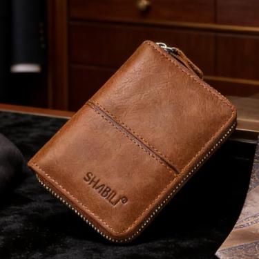 Imagem de Carteira masculina de couro curta com zíper, design casual cinza-acastanhado neutro (cinza-acinzentado)