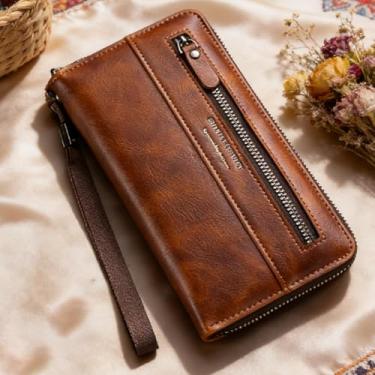 Imagem de Carteira masculina marrom claro compacta com estampa aberta em relevo de couro genuíno resistente à água, marrom claro para negócios, design aberto compacto com padrão em relevo