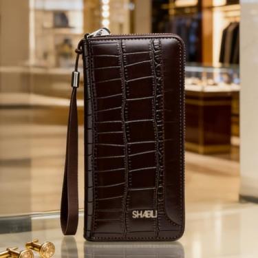 Imagem de Carteira masculina, carteira de couro longo premium com zíper, organizador durável com grande capacidade, bloqueio RFID e vários compartimentos para cartões para todos os itens essenciais (café escuro