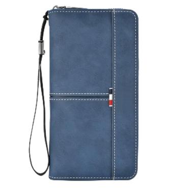 Imagem de Carteira masculina retrô azul grande capacidade Snap Check padrão de couro macio durável, design retrô azul grande capacidade com encaixe, padrão xadrez, couro macio, durável