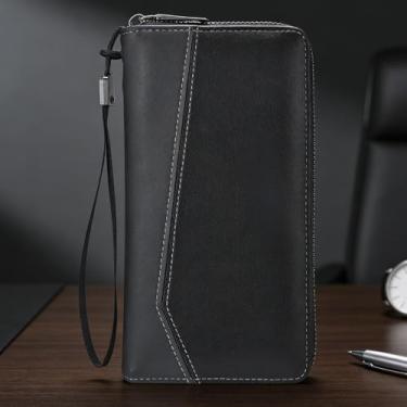 Imagem de Carteira masculina retrô preta curta magnética em relevo padrão de couro macio fácil de carregar, design retrô preto curto com fecho magnético, padrão em relevo couro liso