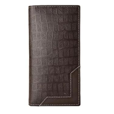 Imagem de Carteira masculina fashion marrom escuro grande capacidade de encaixe de couro sintético de grão de lichia, design moderno com botão de pressão seguro e forro RFID