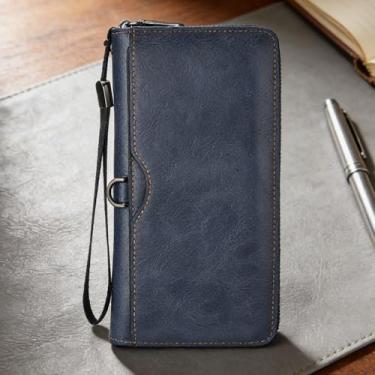 Imagem de Carteira masculina de couro macio de grão fosco retrô azul com alça vertical, design vertical azul retrô com alça, couro macio de grão fosco e revestimento resistente à água