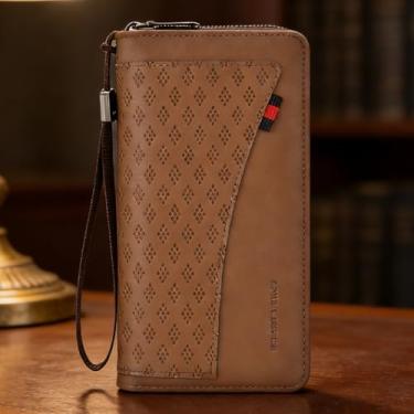 Imagem de Carteira masculina moderna, cáqui, alça de grande capacidade, padrão em relevo, couro sintético, confortável, cáqui, design de grande capacidade com alça, couro sintético em relevo, confortável