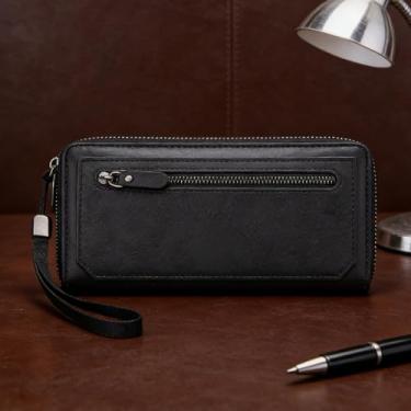 Imagem de Carteira masculina de couro macio de grão fosco com alça multicompartimento, design moderno de vários compartimentos com alça, couro macio de grão fosco, grande capacidade