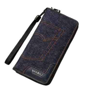 Imagem de Carteira masculina moderna, longa de lona, com zíper, design multifuncional com grande capacidade, vários compartimentos para cartões e bloqueio RFID (azul marinho)