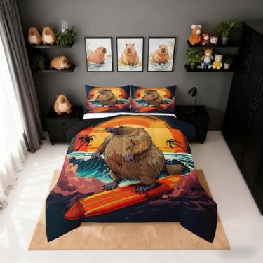 Imagem de Erosebridal Conjunto de edredom castor fofo para decoração de casa, animal selvagem, colcha de praia divertida, palmeira de praia