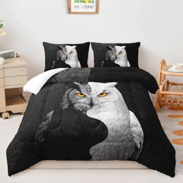 Imagem de AILONEN Conjunto de edredom de coruja, 3 peças, para adolescentes e adultos, estampa de damasco preto e branco, tamanho Queen, colcha de animais selvagens com 2 fronhas para decoração de casa