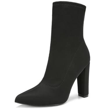 Imagem de sexrosly Bota feminina de salto alto, bico fino, cano médio, cano baixo, salto grosso, elástica, moderna, sexy, para casamento, Preto, 38