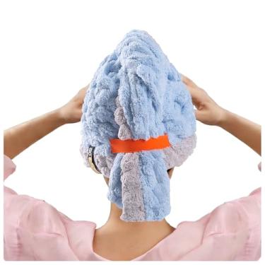Imagem de KIVMTAR Envoltório de toalha de cabelo super absorvente para mulheres, 1 pacote de lã coral toalha de secagem rápida de cabelo, toalhas de cabelo xadrez de nuvem macia para mulheres acessórios (azul)