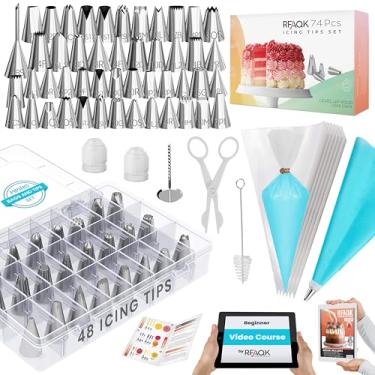 Imagem de 74 sacos e pontas de tubulação com 48 pontas numeradas e bolsa de pastelaria com tabela de padrões e Ebook – Levantador de flores e unhas, pontas de gelo de fosco, pontas de decoração de bolo de cupcake