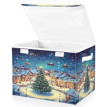 Imagem de Blueangle Caixotes de armazenamento de desenho animado Snow Town com tampas, 42 x 32 x 30 cm, grande cesta organizadora dobrável para decoração de casa e escritório (185)