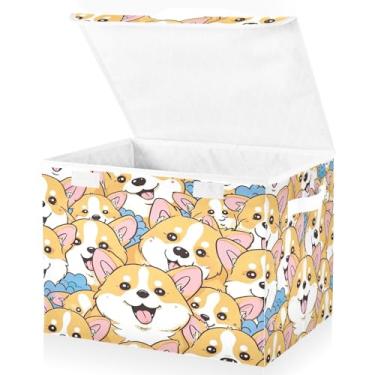 Imagem de Blueangle Lindos caixotes de armazenamento Corgi de desenho animado com tampas, 42 x 32 x 30 cm, grande cesta organizadora dobrável para decoração de escritório e armário (97)