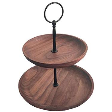 Imagem de Cesta de frutas estilo retrô rack de frutas de madeira rack de bolo moldura removível bandeja de lanche de armazenamento de aço duplo cesta de frutas multitamanho tigela de frutas - nogueira preta