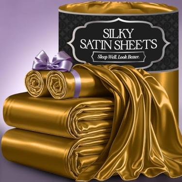 Imagem de DECOLURE Lençóis de cetim – Jogo de cama casal, luxuoso e sedoso, 4 peças, mais macio que seda, sem rugas com bolso profundo de 38 cm, perfeito para cabelo e pele, presentes para mulheres (ouro)