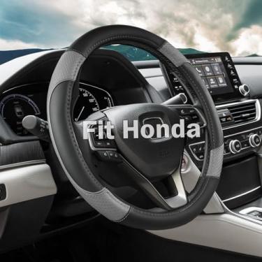 Imagem de ANMOSVO Capa de volante para Honda Civic Accord CRV HR-V Pilot Passport Odyssey| Couro de microfibra e design de segurança antiderrapante | Ajuste personalizado de 37 a 38 cm (tamanho padrão cinza)