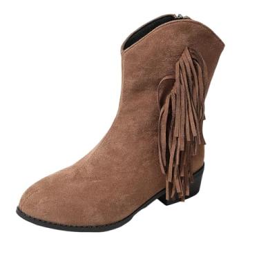 Imagem de Botas femininas casuais de cano médio com borla e zíper lateral salto grosso para estilo de inverno e uso ao ar livre, Marrom, 36