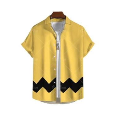 Imagem de Camisa Masculina Amarela Oversized Com Estampa Havaiana, Blusa Casual 