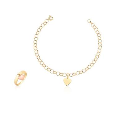 Imagem de Kit Conjunto Anel Coração Mais Pulseira Portuguesa Ouro 18k - MAEHLER 