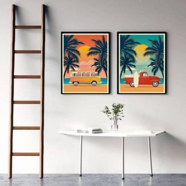 Imagem de Kit 2 Quadros Decorativos Carros Na Praia 45X34Cm - Preta