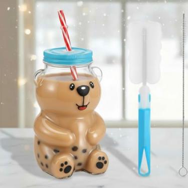 Imagem de Willinglong Copo de palha de urso de 540 ml Copo de mel de vidro com canudos e tampa, canecas fofas para café, bebida, garrafa kawaii, caneca para suco, leite, chá, smoothies, água infundida, bebida