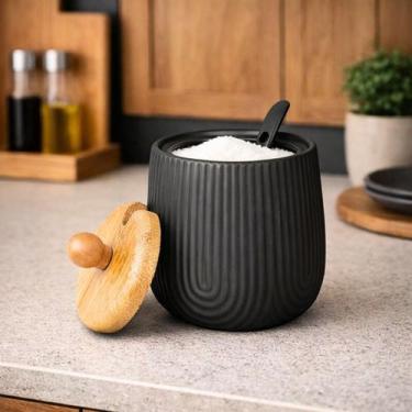 Imagem de Açucareiro Oásis de Cerâmica c/ Tampa e Colher Preto 360ml - Haüskraft