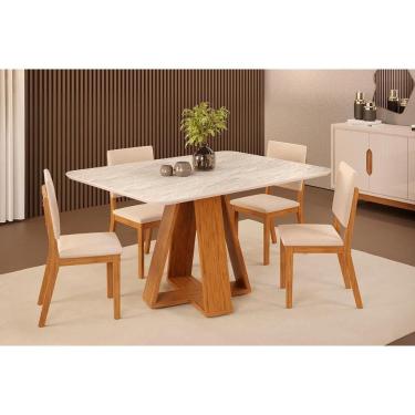 Imagem de Conjunto: Mesa Sala Jantar Celeste c/ Tampo Madeirado Curvo 120x90cm e 4 Cadeiras Talia Freijo/Quartzo - Suede Creme - DJ Móveis