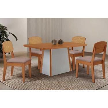 Imagem de Conjunto: Mesa Sala Jantar Tilia c/ Tampo Madeirado Canto Curvo 120x80cm e 4 Cadeiras Havana Premium Naturale/Off White - Linho Capuccino - Rufato