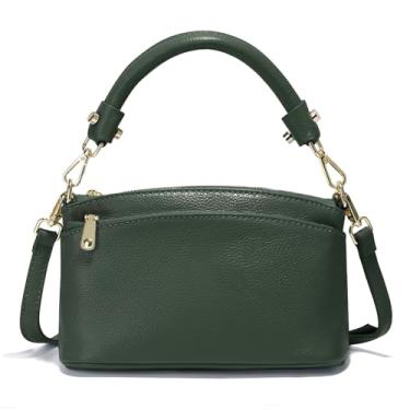 Imagem de zency Bolsa tiracolo feminina de couro legítimo com zíper triplo e elegante, Verde escuro, Small