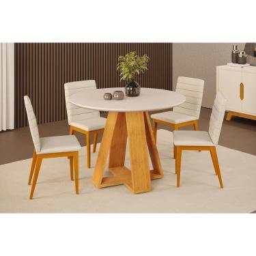 Imagem de Conjunto: Mesa Sala Jantar Celeste c/ Tampo Madeirado c/ Vidro Redondo 103x103cm e 4 Cadeiras Sofia Cedro/Off White - Ipe/Linho Neve - DJ Móveis