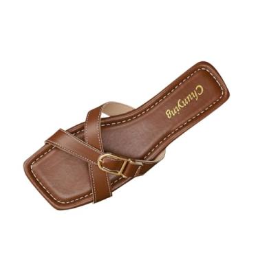 Imagem de Sandálias femininas de couro com fivela e design aberto confortáveis e modernas para uso casual primavera verão, Café, 34