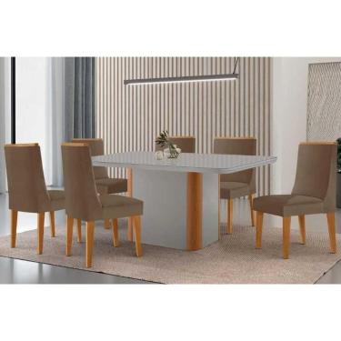 Imagem de Conjunto: Mesa Sala Jantar Pietá Curvo 180cm + 6 Cadeiras Dakota Madeira Naturale/Off White - Capuccino/Suede Capuccino - Rufato