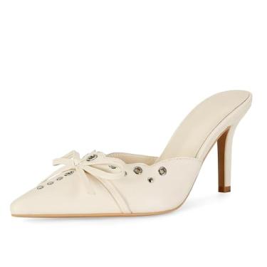 Imagem de DOEYG Sandálias femininas de salto alto fino com laço e salto agulha sem cadarço, vestido de festa, casamento, salto cravejado, Branco, 36