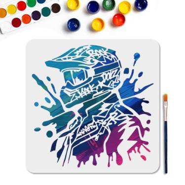 Imagem de MAYJOYDIY Estêncil de motociclista reutilizável com tinta salpicada para pintura 29 x 29 cm modelo de desenho estilo grafite com pincel de pintura para decoração de papel e tela de parede