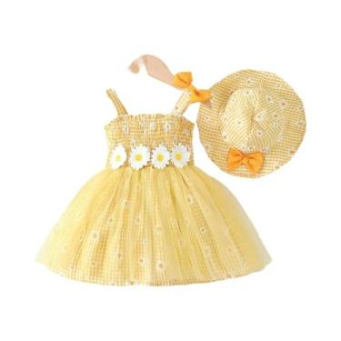 Imagem de Conjunto De Vestido De Chiffon Xadrez Com Chapéu Para Bebê Menina, Ves