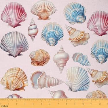 Imagem de Tecido costeiro ao ar livre por jarda, concha de praia de verão, tecidos de vida marinha para projetos de bricolage em casa, tecido decorativo rosa náutico à beira-mar do Havaí para decoração de
