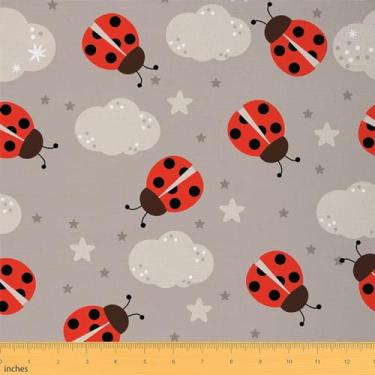 Imagem de Tecido de joaninha de desenho animado por jarda, material de círculo geométrico vermelho preto por jarda, painéis de tecido de nuvem de estrelas desenhadas à mão, tecido de costura rústico estilo casa