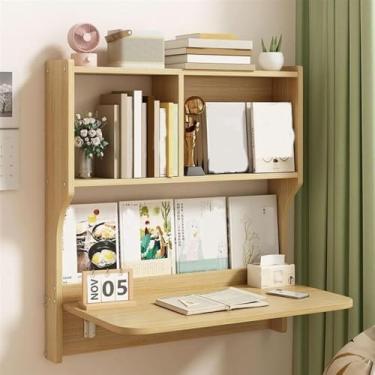 Imagem de Mesa dobrável montada na parede - Mesa flutuante com economia de espaço com prateleiras de armazenamento para quarto de escritório em casa - Mesa de parede versátil e funcional para uso eficiente do