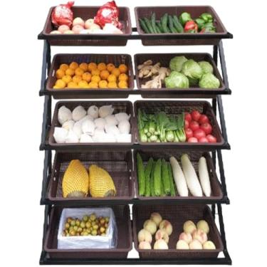 Imagem de Prateleiras de vegetais de supermercado de 5 camadas - suporte de cesta de frutas e vegetais, rack de exibição de varejo para mercado, organizador de lanches e doces com cestas 5/10, solução de