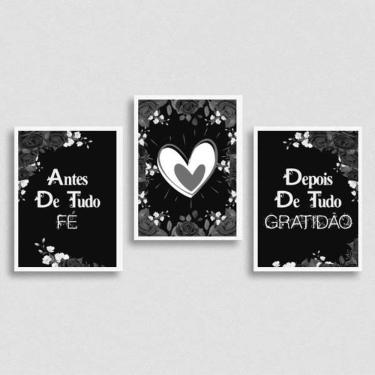 Imagem de Kit 3 Quadros Fé E Gratidão Preto Com Cinza 45X34 Branca