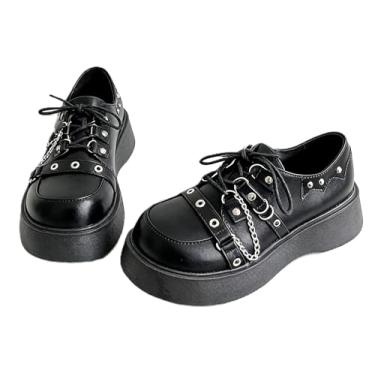 Imagem de Tênis feminino punk Mary Jane plataforma com corrente de laço rebite, casual, couro gótico, preto, bico redondo, salto grosso, jeans, saias para Halloween, viagem, festa, cosplay, encontros, - Estilo